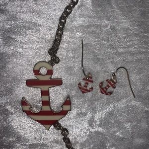 Red and White Striped Anchor Necklace With Matching Earrings